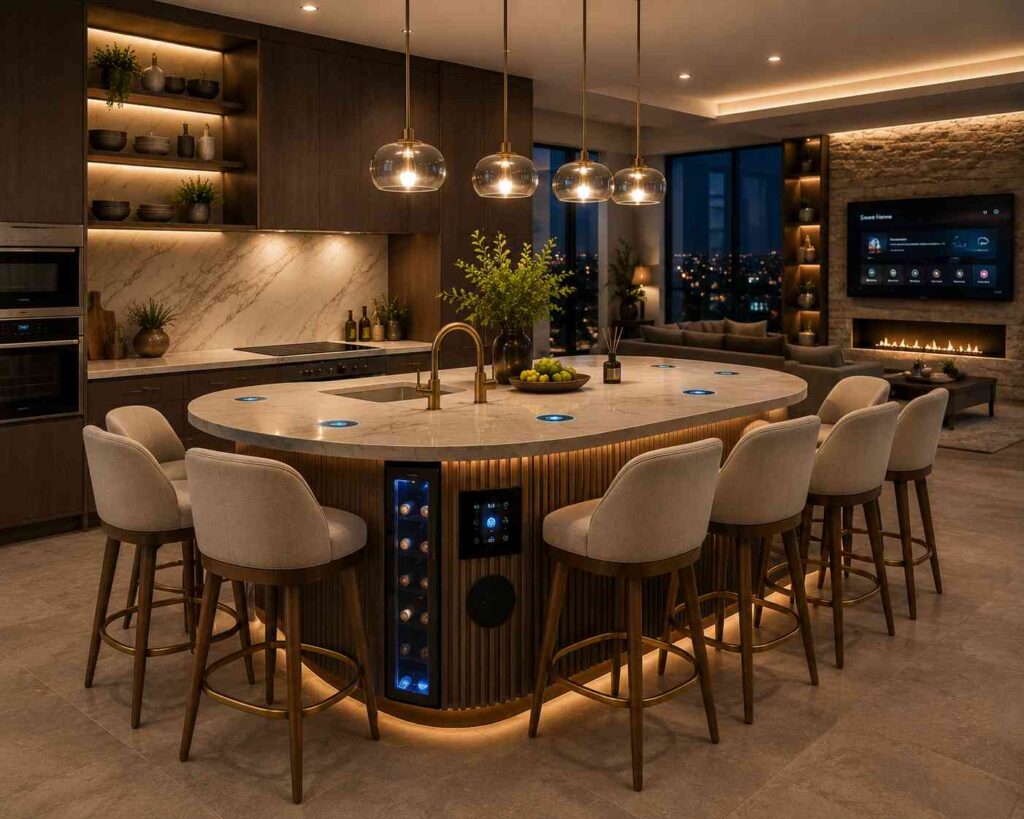 Luxury smart kitchen featuring a compact oval island with eight upholstered stools, built-in wine cooler, wireless charging pads, touch-sensitive controls, ambient LED lighting, premium stone countertop, and seamless connection to a modern entertainment-focused living space with smart home technology.