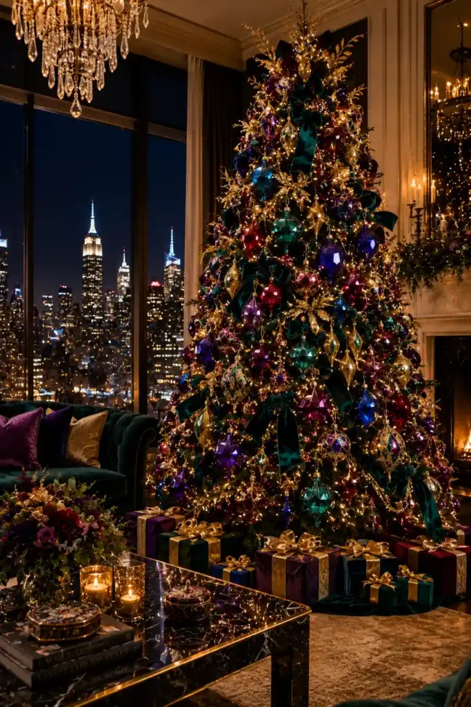 Luxury Christmas tree decorated with emerald green, sapphire blue, ruby red, and amethyst purple ornaments, velvet ribbons, gold accents, and warm fairy lights inside an elegant penthouse with city skyline views.