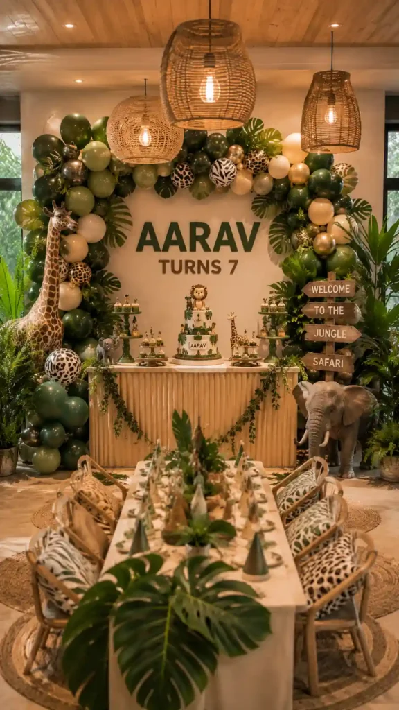 Safari-themed birthday party setup featuring lush tropical greenery, animal-print accents, and a green, cream, and gold balloon arch framing a personalized backdrop reading 'Aarav Turns 7.' The celebration includes a jungle-inspired cake, giraffe and elephant décor, safari-themed desserts, woven pendant lights, and a children's dining table decorated with leaves and animal-patterned cushions, creating an elegant jungle adventure atmosphere.