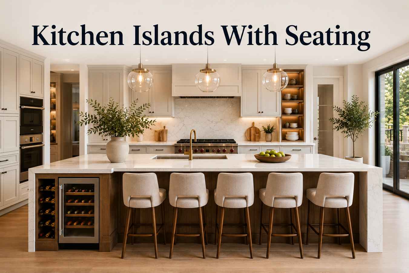 Kitchen island with seating in a modern luxury kitchen featuring a marble waterfall countertop, five upholstered stools, built-in wine storage, designer pendant lighting, and custom cabinetry.