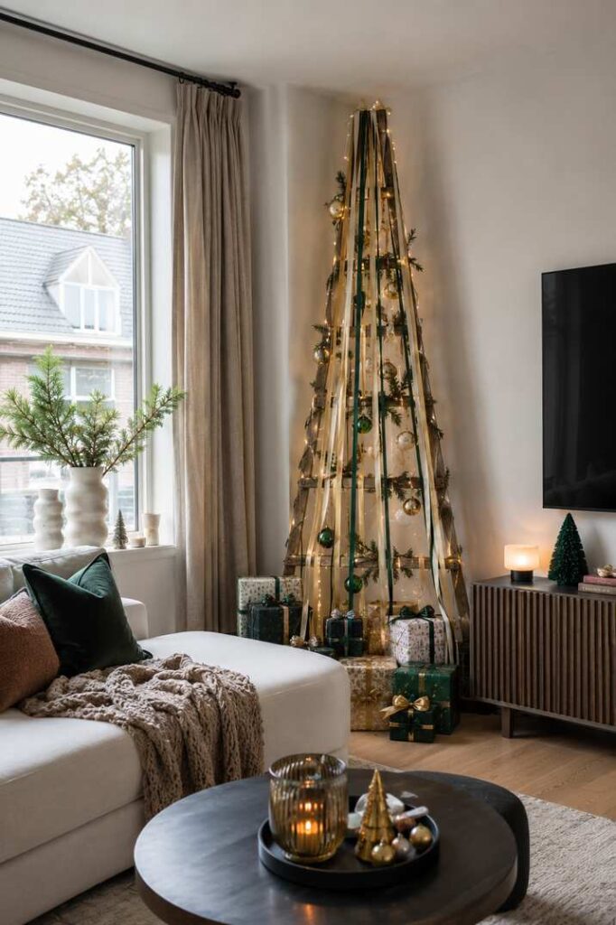 Modern living room with a ribbon-style Christmas tree, wrapped gifts, warm fairy lights, and cozy holiday accents
