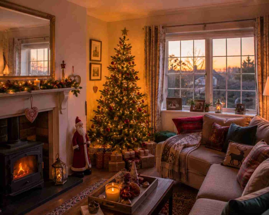 Warm and inviting Christmas living room at sunset, featuring a glowing Christmas tree surrounded by wrapped gifts, a lit wood-burning stove, garland on the mantel, cozy sectional sofa with plaid and winter-themed cushions, and candlelit holiday decorations throughout the room.
