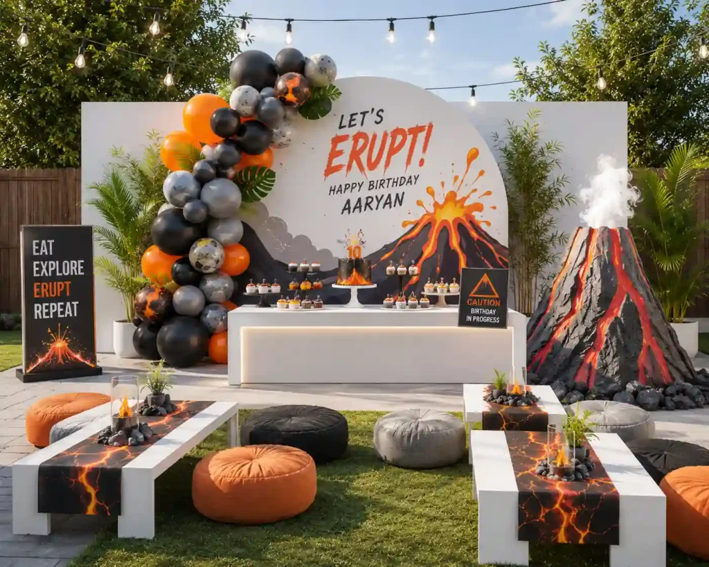 Volcano-themed birthday party setup featuring a dramatic erupting volcano prop, black, orange, gray, and lava-patterned decorations, and a personalized backdrop reading 'Let's Erupt! Happy Birthday Aaryan.' The display includes a volcano-inspired cake, themed desserts, glowing lava table runners, caution signs, balloon garlands, and lounge-style seating, creating an exciting geological adventure atmosphere for a tenth birthday celebration