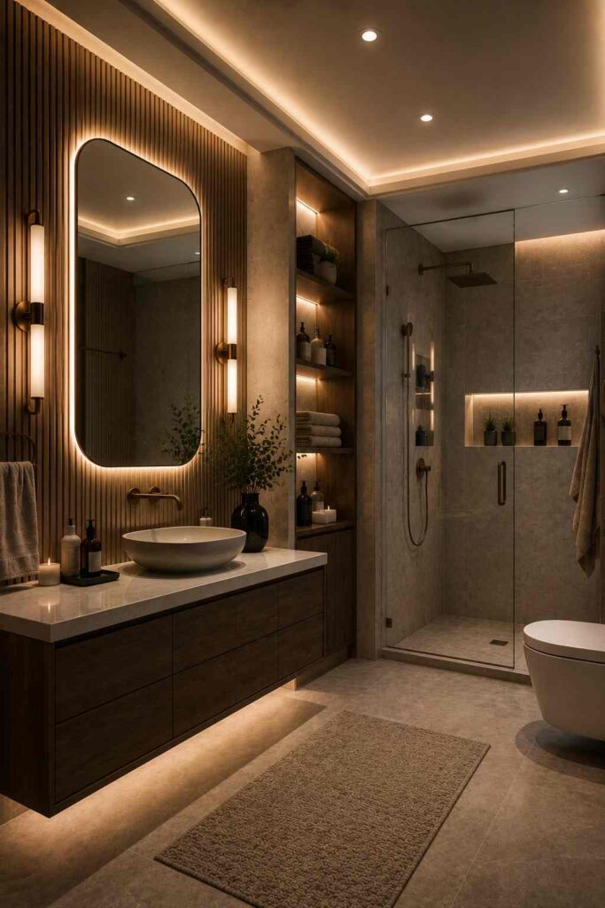 Elegant modern bathroom featuring a floating dark walnut vanity with a white stone countertop and round vessel sink, a large backlit rounded-rectangle mirror mounted on a vertical wood slat feature wall, warm brass wall sconces, integrated under-vanity lighting, illuminated built-in shelving with toiletries and folded towels, a frameless glass walk-in shower with a recessed illuminated niche and rainfall showerhead, a wall-mounted toilet, large neutral stone tiles, warm cove ceiling lighting, and a textured beige bath rug creating a luxurious spa-like atmosphere.
