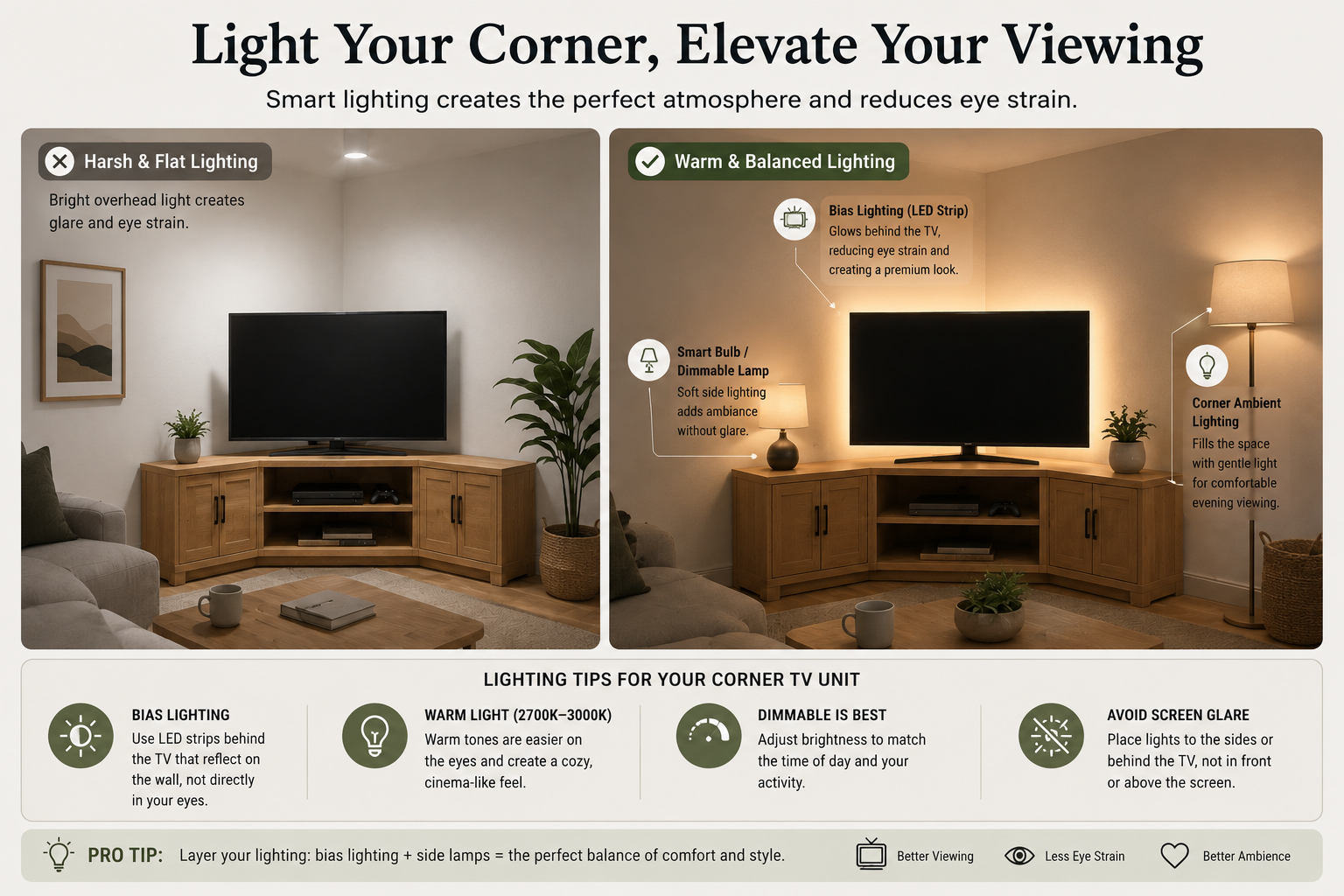Before-and-after infographic showing a corner TV unit with harsh overhead lighting compared to a setup using LED bias lighting behind the TV, dimmable side lamps, and warm ambient lighting to reduce eye strain and improve the viewing experience.