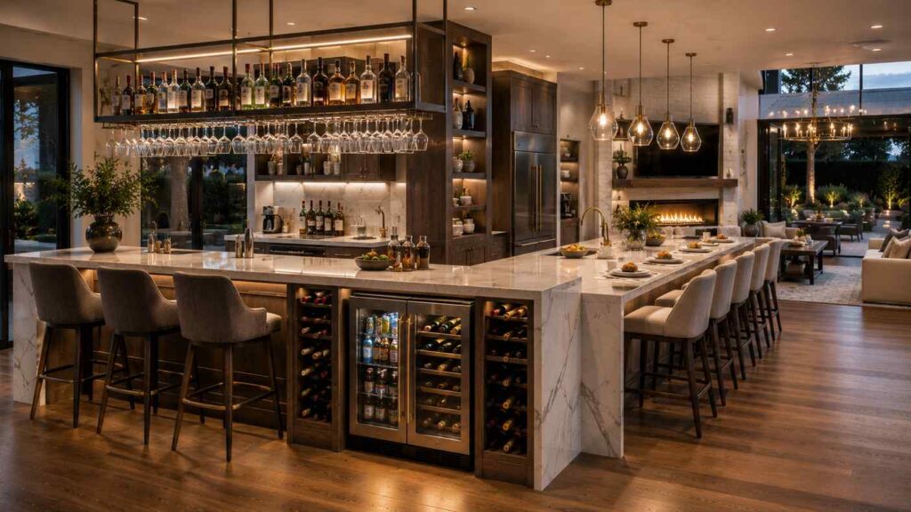 Luxury open-concept kitchen featuring a dual-purpose island with a full bar setup on one side and a breakfast counter on the other. The island includes built-in wine storage, glass-front beverage refrigerators, hanging stemware racks, marble waterfall countertops, upholstered bar stools, and elegant pendant lighting.