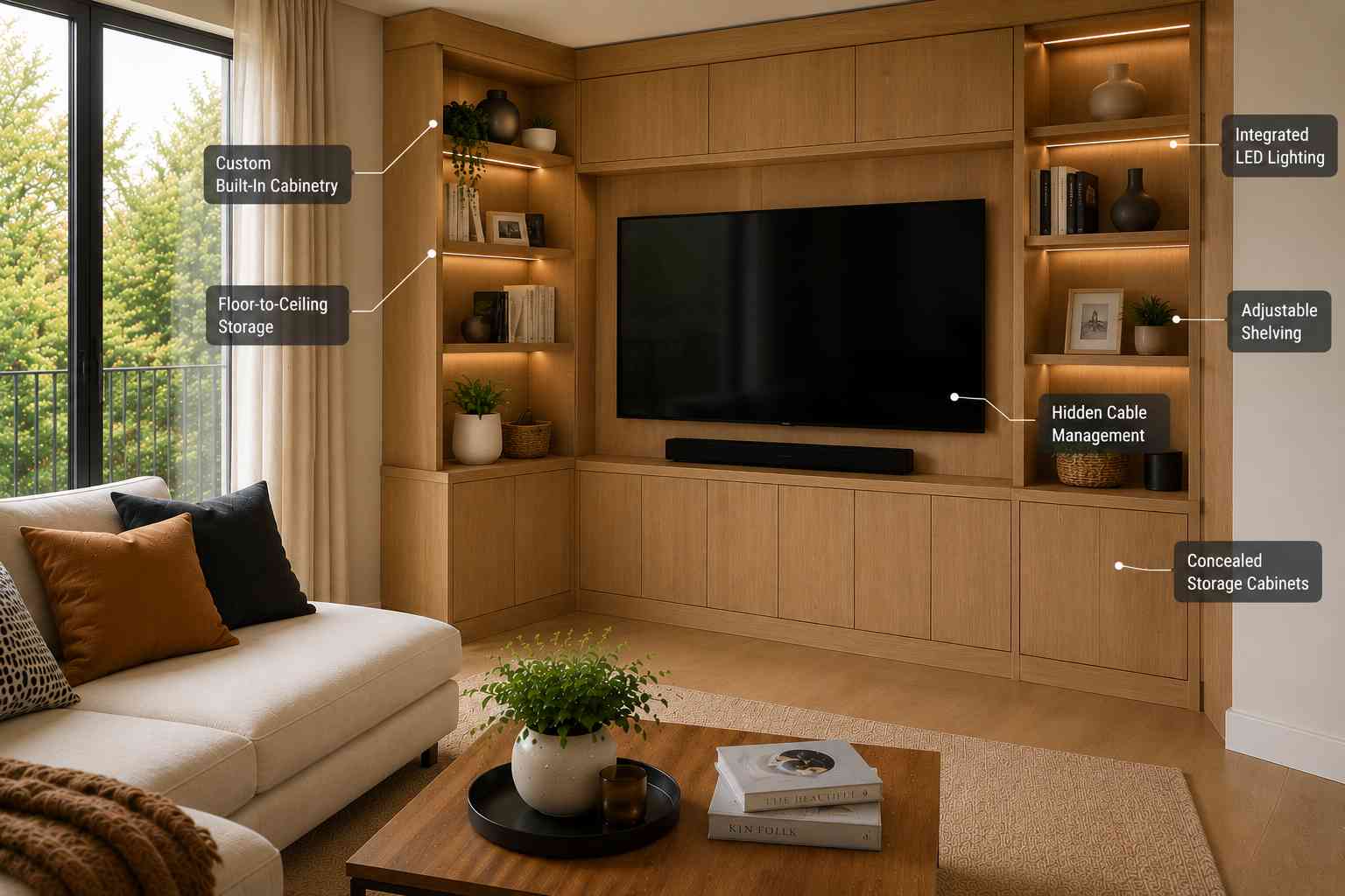 Modern living room featuring a custom built-in corner entertainment unit with floor-to-ceiling cabinetry, integrated LED lighting, hidden cable management, adjustable shelving, and a recessed flat-screen TV.