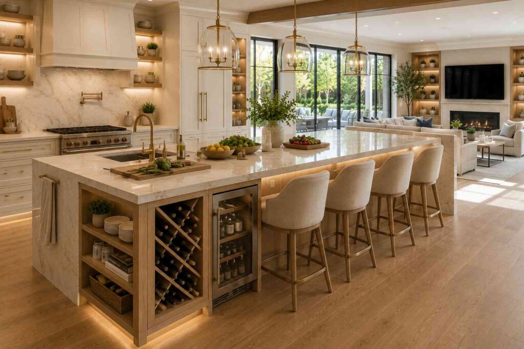 Luxury open-concept kitchen featuring a large marble waterfall prep island with four upholstered counter stools, a secondary prep sink, built-in wine rack, beverage refrigerator, and open shelving for cookware and décor. The bright space flows seamlessly into an elegant living room with a designer sectional sofa, fireplace, custom built-ins, and floor-to-ceiling glass doors overlooking a landscaped backyard, creating the perfect entertaining and social cooking environment.