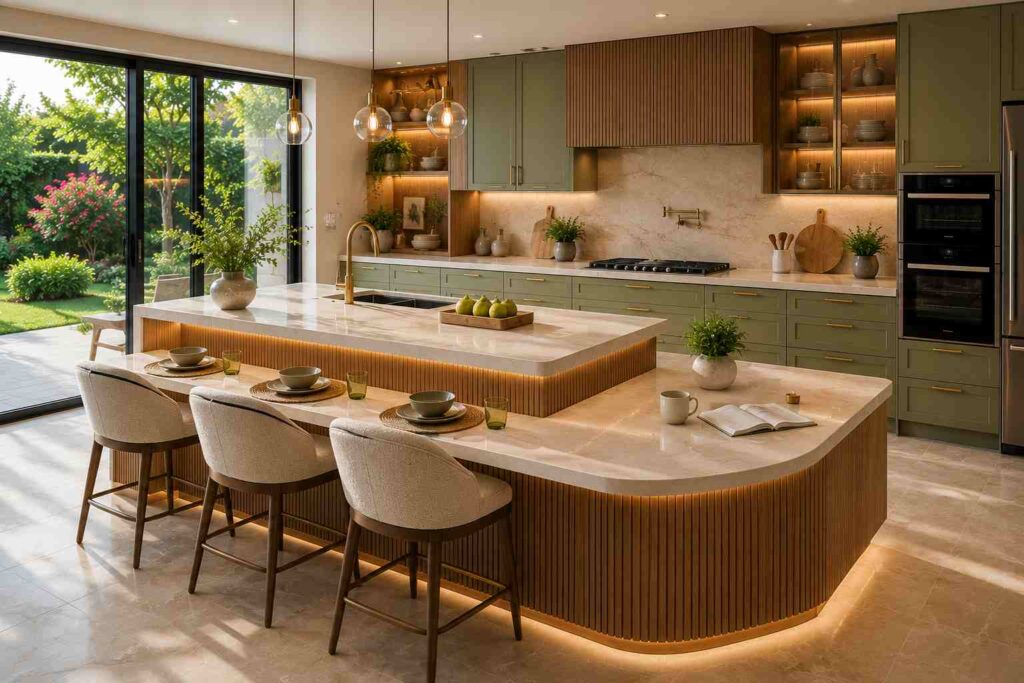 Wide luxury modern kitchen featuring a two-tier L-shaped Prep & Eat Island with a marble countertop, fluted wood detailing, integrated ambient lighting, and seating for three. The bright open-concept space includes sage green cabinetry, brass hardware, floor-to-ceiling windows overlooking a landscaped garden, designer pendant lighting, and warm natural daylight, creating an elegant family-friendly kitchen with organic modern styling.