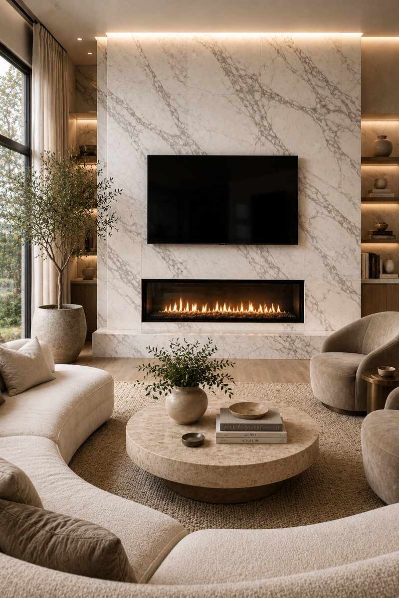 Luxury contemporary living room with a stunning floor-to-ceiling Carrara marble slab fireplace surround, floating wall-mounted television, frameless linear fireplace, curved bouclé seating, travertine coffee table, and warm ambient lighting. The natural marble veining creates a sophisticated boutique-hotel-inspired focal point.