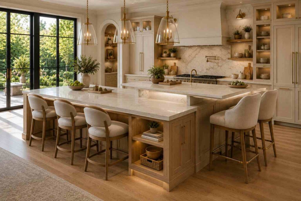 Luxury modern kitchen featuring a mixed-height island with a standard 36-inch counter-height section seating three people and a raised 42-inch bar-height section seating two adults. The island showcases waterfall marble countertops, warm oak cabinetry, integrated storage, designer pendant lighting, and upholstered counter stools. The bright open-concept space includes custom cabinetry, brass accents, large black-framed windows overlooking a landscaped garden, and abundant natural daylight, creating a sophisticated family-friendly kitchen design.
