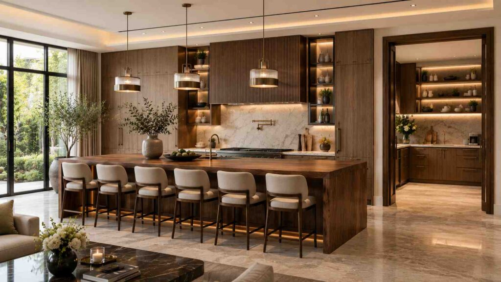 Luxury open-concept kitchen featuring a large walnut waterfall island with six upholstered bar stools, concealed appliances, warm ambient lighting, floor-to-ceiling cabinetry, marble surfaces, and an elegant scullery connected through a hidden pantry entrance. Modern entertaining-focused kitchen design with premium finishes and sophisticated storage solutions.