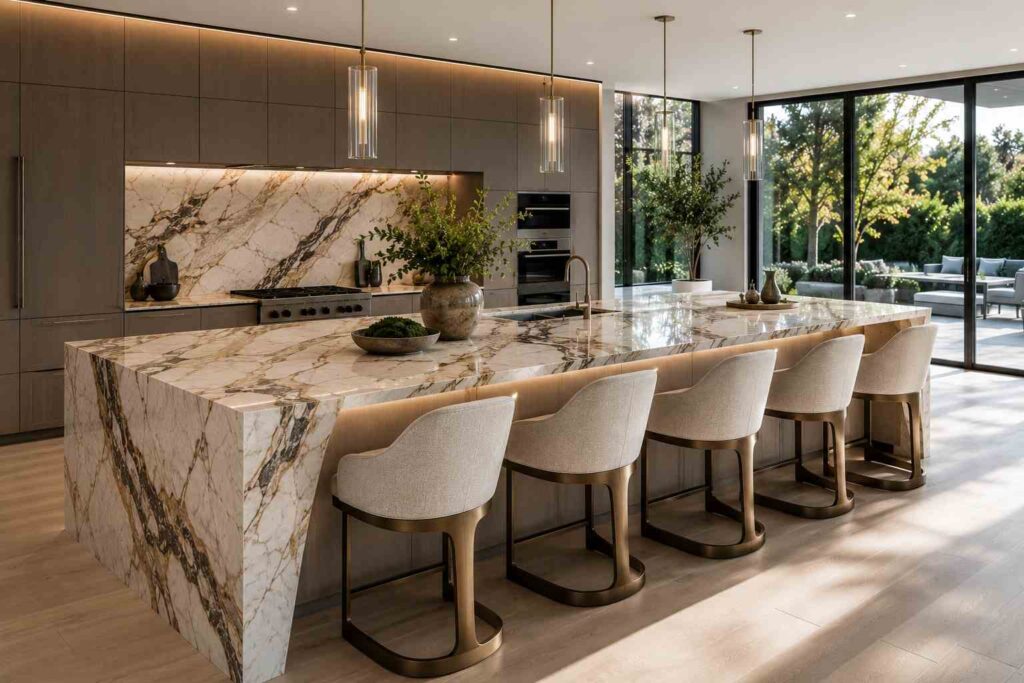 Ultra-modern luxury kitchen featuring a dramatic statement stone island with a thick bookmatched marble waterfall countertop showcasing bold natural veining. The island seats five people on sculptural upholstered designer stools and is surrounded by sleek flat-panel cabinetry, integrated appliances, minimalist pendant lighting, warm wood flooring, and floor-to-ceiling glass windows overlooking a landscaped garden. Natural daylight highlights the luxurious marble textures, creating a sophisticated contemporary kitchen with a high-end Architectural Digest aesthetic.