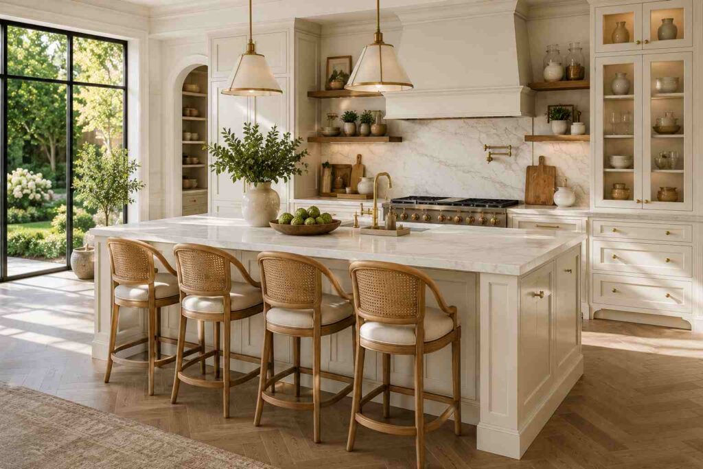 Elegant transitional kitchen featuring a large four-seat island with warm white shaker-style cabinetry, a honed marble countertop, brushed brass hardware, and wood-and-rattan counter stools with neutral upholstered cushions. The bright space includes glass-front cabinets, marble backsplash, designer pendant lighting, natural oak flooring, open shelving, and large black-framed windows overlooking a landscaped garden, creating a timeless blend of classic and contemporary design.