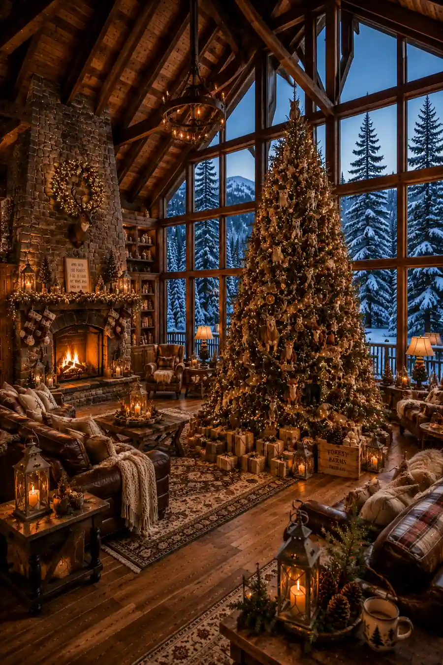 Woodland Christmas tree decorated with owl, fox, deer, and forest animal ornaments, burlap ribbon, wooden bead garlands, and warm fairy lights inside a spacious luxury mountain lodge with soaring timber ceilings, stone fireplace, and panoramic snowy forest views.