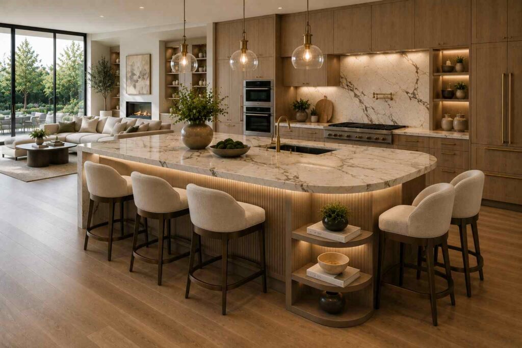 Luxury modern open-concept kitchen featuring a wraparound seating island with five upholstered designer counter stools arranged in a conversational layout, including three stools along the long side and two at the curved end. The island showcases a waterfall marble countertop, fluted wood detailing, integrated ambient LED lighting, and open display shelving. Surrounded by warm walnut cabinetry, designer pendant lights, floor-to-ceiling windows, and a connected living room, the space creates a sophisticated and inviting environment for entertaining and family gatherings.