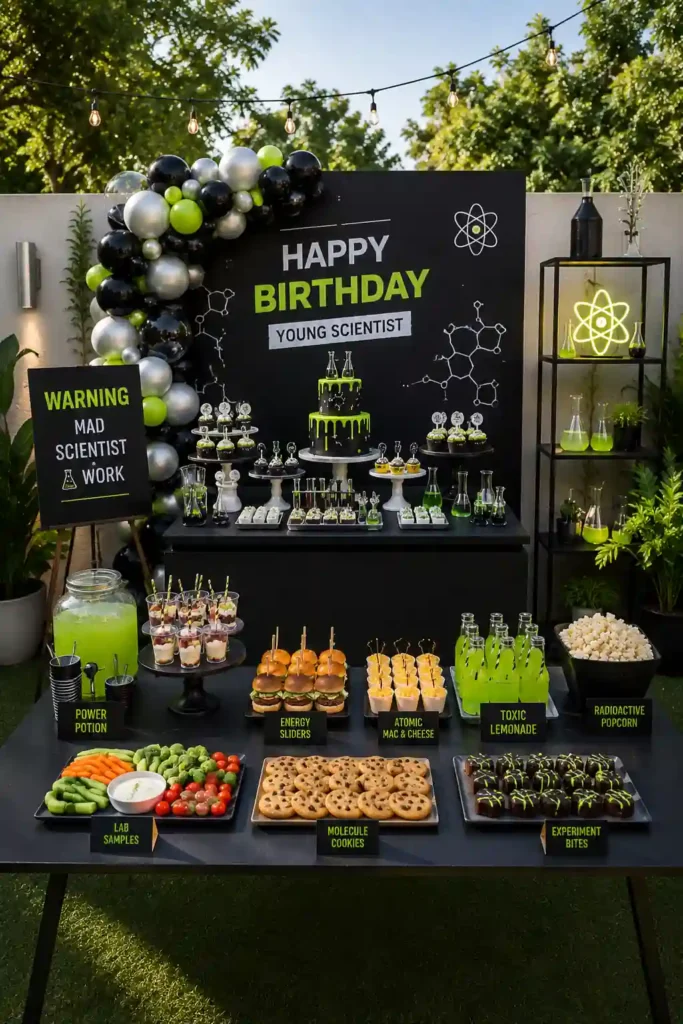 Science-themed birthday party dessert table featuring a black, silver, and neon-green color palette with laboratory-inspired decorations. A backdrop reading 'Happy Birthday Young Scientist' is surrounded by balloon garlands, molecular graphics, and glowing atom symbols. The setup includes a science-themed cake, beakers and flasks filled with colorful drinks, experiment-inspired treats, and playful labels such as 'Power Potion,' 'Atomic Mac & Cheese,' 'Toxic Lemonade,' and 'Radioactive Popcorn,' creating a fun mad-scientist laboratory atmosphere