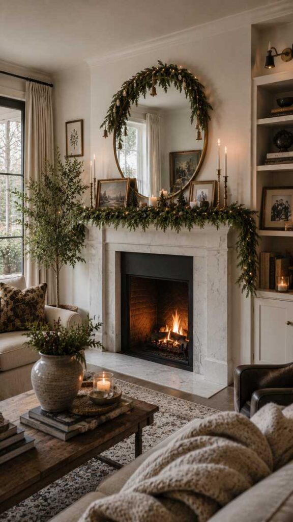 Elegant holiday living room with a marble fireplace, evergreen mantel garland, round mirror, candles, and warm seasonal décor.
