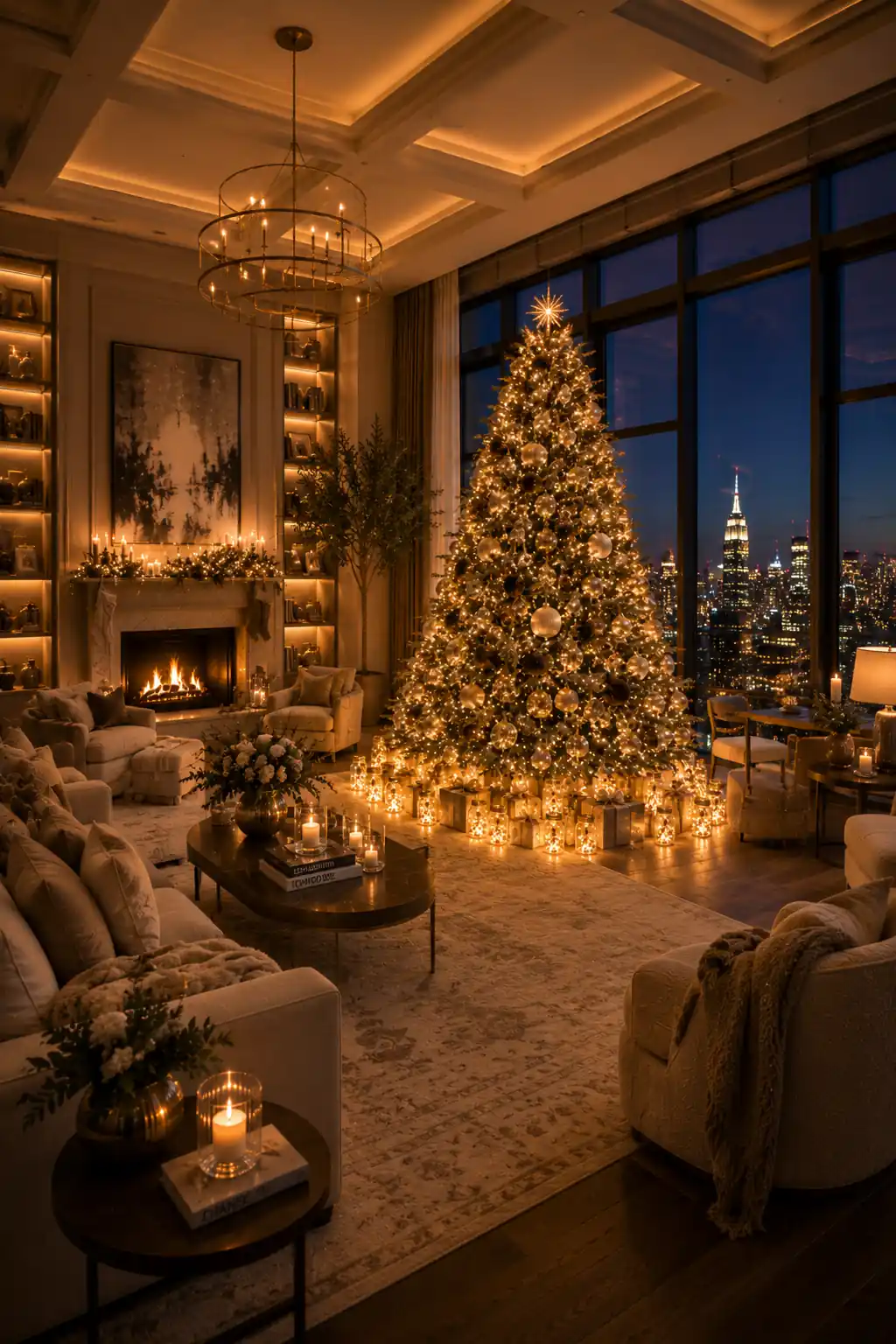 Luxury Christmas tree surrounded by glowing mason jars filled with warm fairy lights, elegant wrapped gifts, cozy seating, fireplace, and floor-to-ceiling city-view windows in a spacious modern penthouse living room.