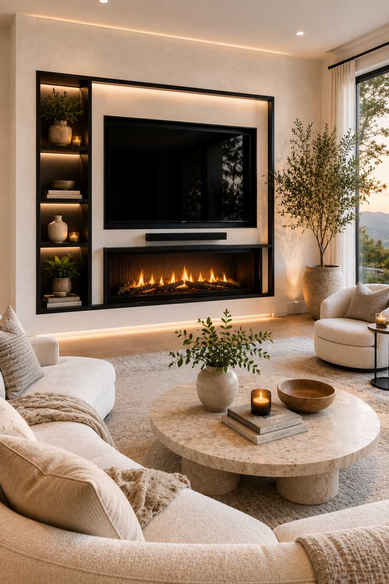 Contemporary living room with a sleek matte black steel fireplace frame surrounding a linear fireplace and television niche. Warm white plaster walls, soft bouclé seating, a travertine coffee table, and natural daylight create a calming gallery-inspired interior with strong architectural character.
