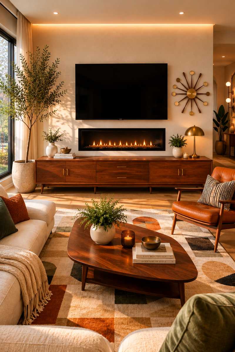 Warm and inviting mid-century modern living room with a long walnut media console, sleek linear fireplace, wall-mounted TV, iconic sunburst wall clock, caramel leather accent chair, geometric rug, and abundant natural light. Rich wood tones and clean lines create a timeless retro-modern aesthetic.
