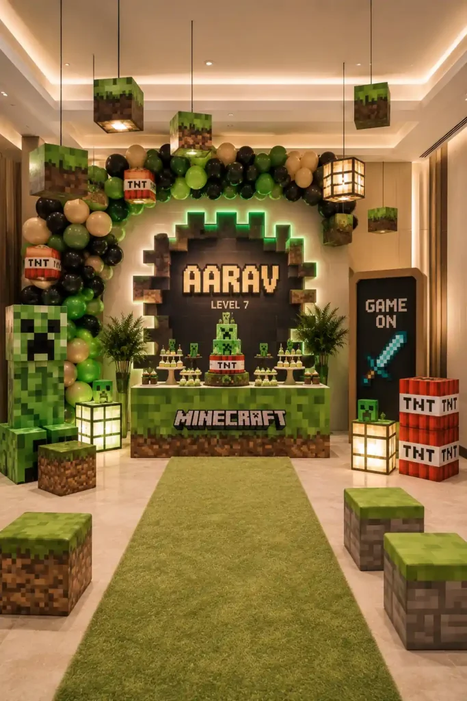 Minecraft-themed birthday party setup featuring a pixelated green-and-black color scheme, block-inspired decorations, TNT props, Creeper characters, and hanging Minecraft grass blocks. A personalized backdrop reads 'Aarav Level 7,' with a themed cake and dessert table, balloon garlands, lantern-style lighting, and a 'Game On' display, creating an immersive video game adventure atmosphere.