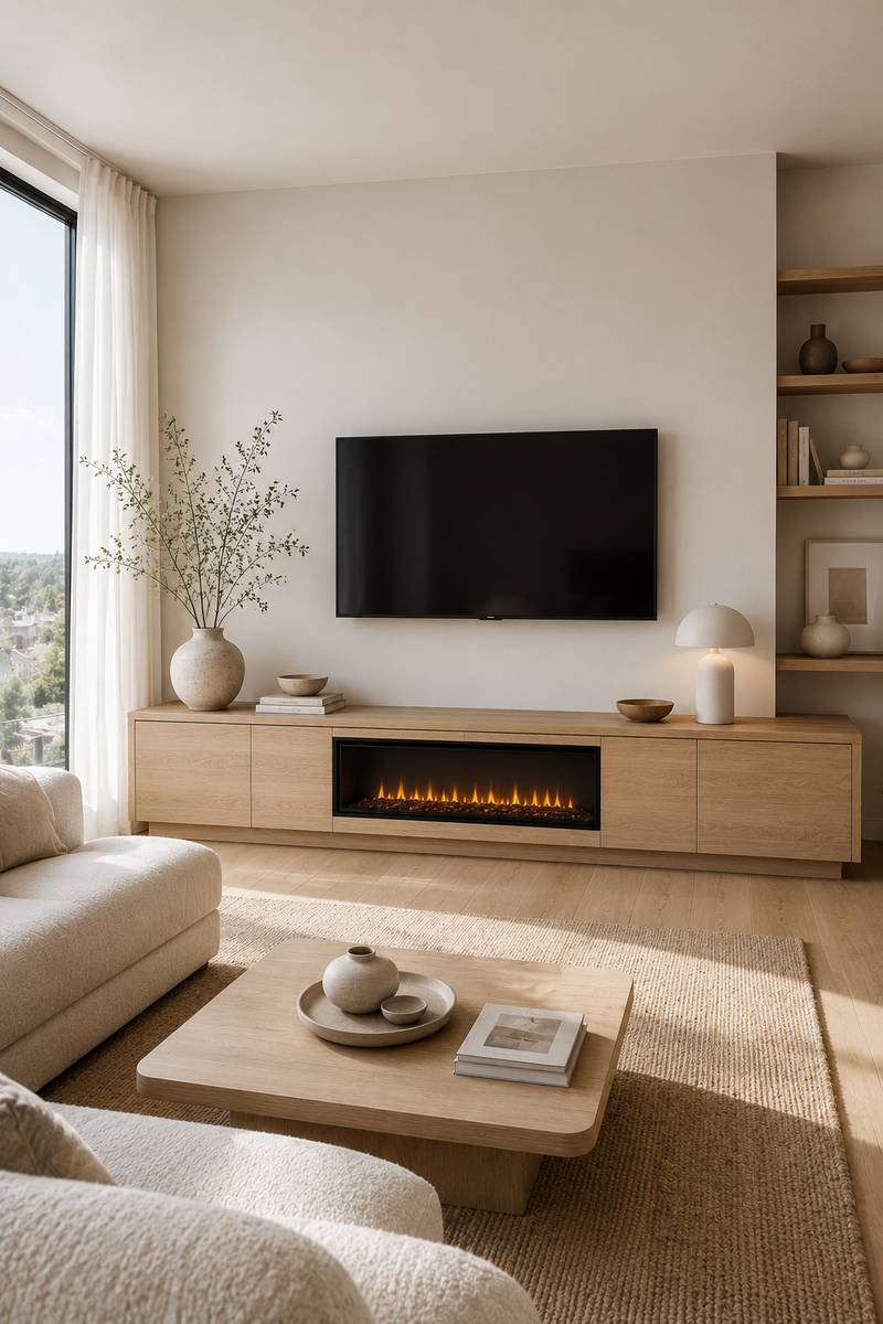 Bright Scandinavian living room featuring a pale oak TV console with an integrated electric fireplace, wall-mounted television, cream bouclé seating, and minimalist Nordic décor.