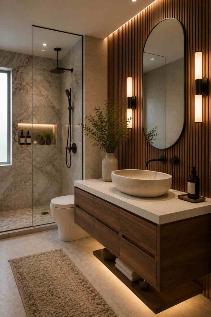 Contemporary bathroom featuring a floating walnut vanity with a white stone countertop and round vessel sink, an arched mirror mounted on a vertical wood slat feature wall, matte black wall-mounted faucet and shower fixtures, a frameless glass walk-in shower with marble-effect wall tiles and a recessed illuminated niche, a wall-hung toilet, decorative greenery, a patterned runner rug, and warm under-vanity and ambient lighting.
