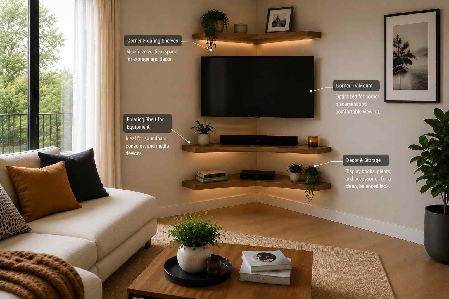 Modern living room featuring a corner-mounted TV with floating wooden shelves, hidden cable management, decorative storage, and minimalist Scandinavian décor designed to maximize space.