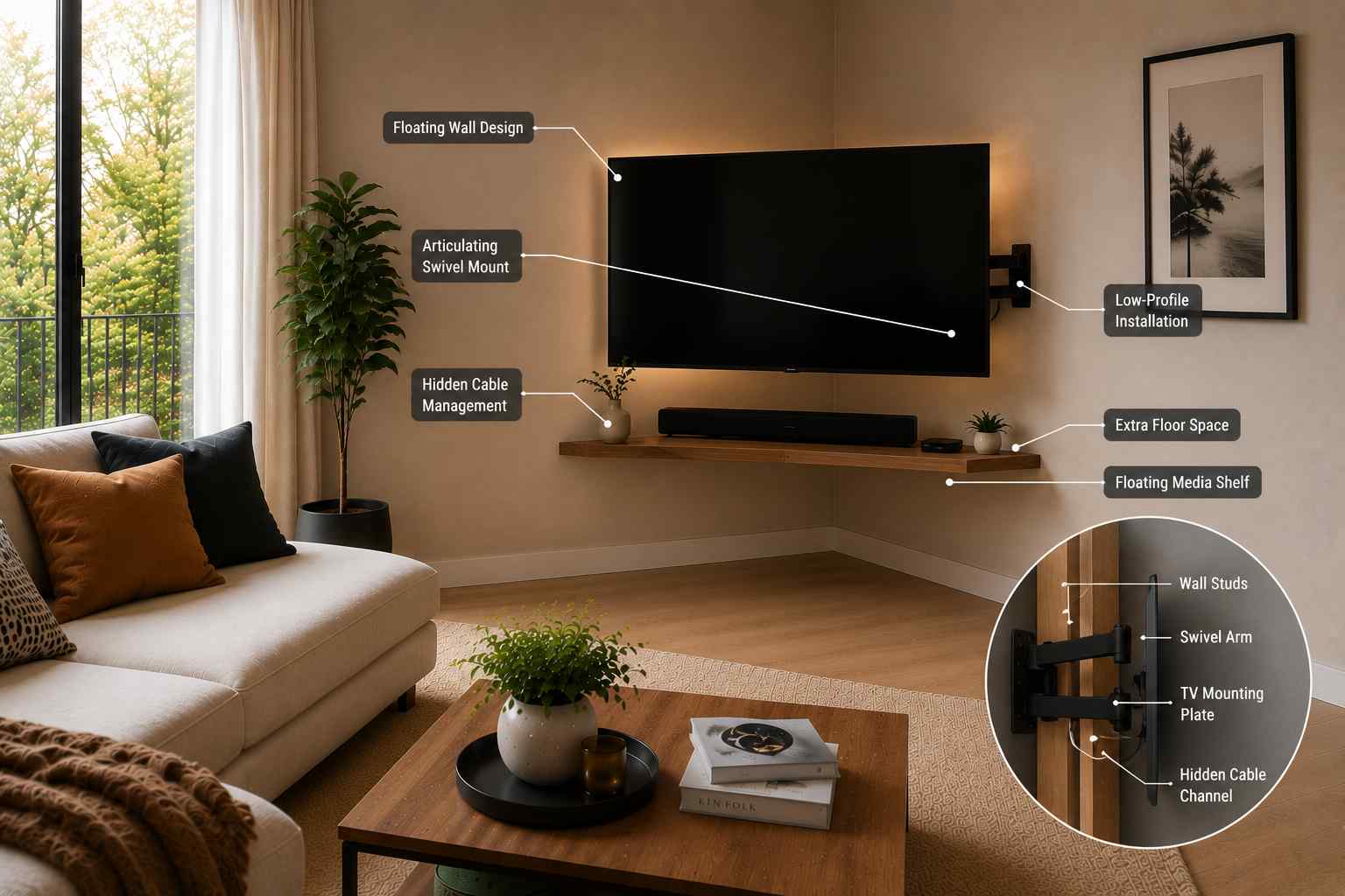 Modern living room featuring a corner wall-mounted TV with an articulating swivel mount, floating media shelf, hidden cable management, and minimalist Scandinavian décor.