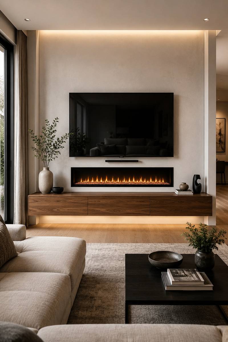 Modern living room featuring a walnut floating TV console beneath a slim linear electric fireplace, wall-mounted television, warm ambient lighting, and minimalist contemporary interior design.