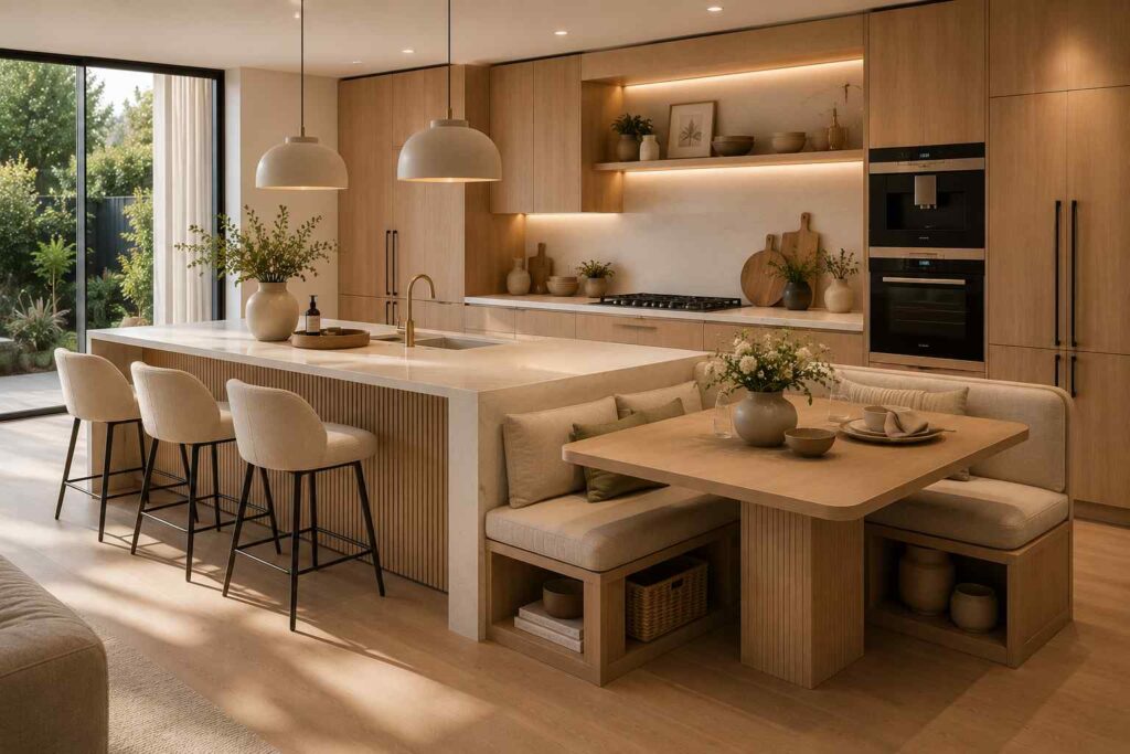 Modern luxury kitchen featuring a large waterfall quartz island seamlessly connected to a built-in dining banquette with storage cubbies underneath. The space includes three upholstered counter stools, warm oak cabinetry, integrated appliances, soft ambient lighting, floor-to-ceiling windows, and neutral organic-modern styling. A space-saving island-dining hybrid design that comfortably seats six people while replacing a traditional dining table.