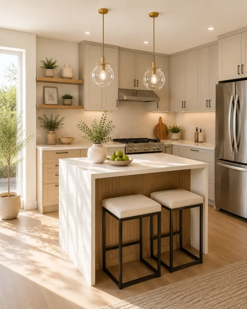 Bright contemporary kitchen featuring a modern waterfall-edge island with seating for two, soft beige cabinetry, stainless steel appliances, stylish glass pendant lights, and warm natural sunlight streaming through a large window. The space combines light wood accents, neutral tones, and minimalist design for a clean, inviting atmosphere.