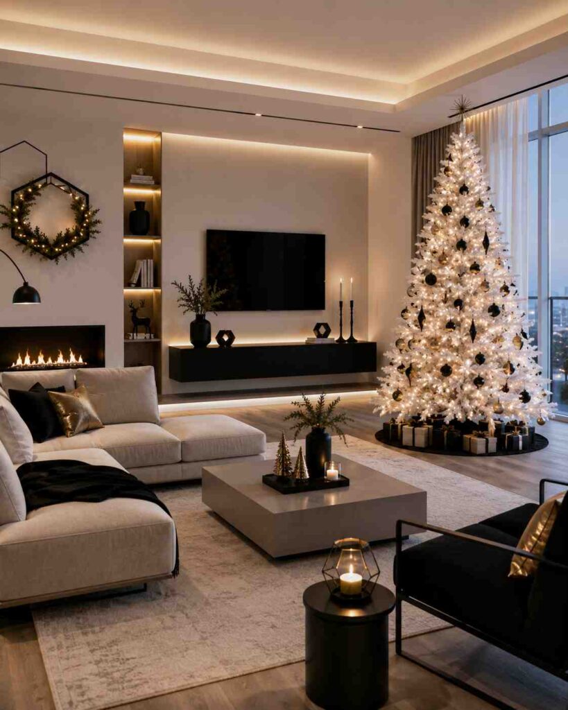 Contemporary living room decorated for Christmas with a sophisticated black, white, and gold color palette. A tall white Christmas tree adorned with warm white lights, black and gold ornaments, and a star topper stands beside floor-to-ceiling windows. The room features a neutral sectional sofa, black accent chair, minimalist coffee table, and modern fireplace. Soft ambient lighting, a wreath with string lights, candles, and sleek holiday décor create an elegant and luxurious festive atmosphere.

