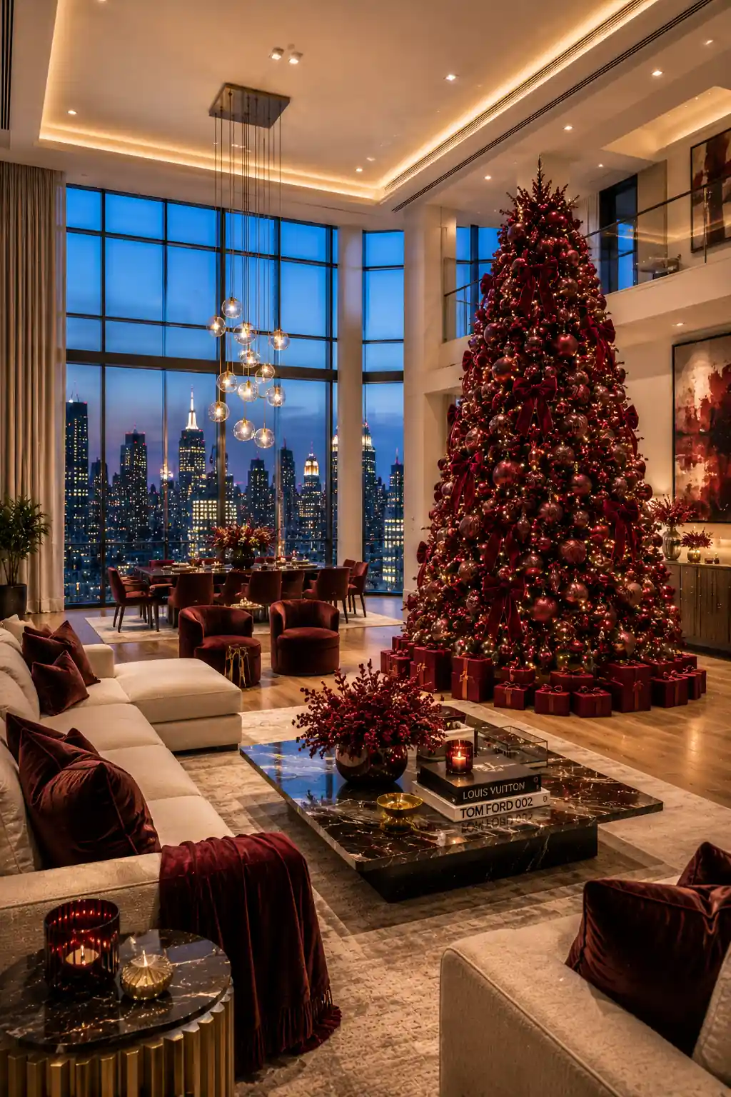 Luxury penthouse Christmas tree decorated entirely in deep burgundy ornaments, velvet bows, ruby glass baubles, and warm fairy lights inside a spacious modern apartment with floor-to-ceiling windows and panoramic city skyline views.