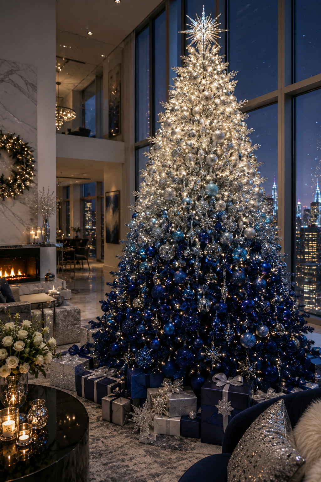 Luxury Christmas tree featuring a smooth ombre color gradient from deep navy blue ornaments at the base to shimmering silver decorations at the top, styled in a modern penthouse with city skyline views and elegant holiday decor.