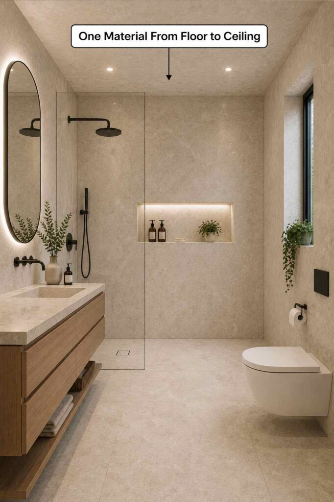 Modern bathroom with a floating wood vanity featuring an integrated stone sink, an illuminated oval mirror, matte black wall-mounted faucet and shower fixtures, a frameless glass walk-in shower, a wall-hung toilet, and light stone-look wall and floor tiles that continue seamlessly from floor to ceiling. The space also includes a recessed illuminated shower niche, decorative plants, a large window, and warm ambient lighting. The image includes an annotation reading “One Material From Floor to Ceiling” with an arrow pointing to the continuous wall finish.