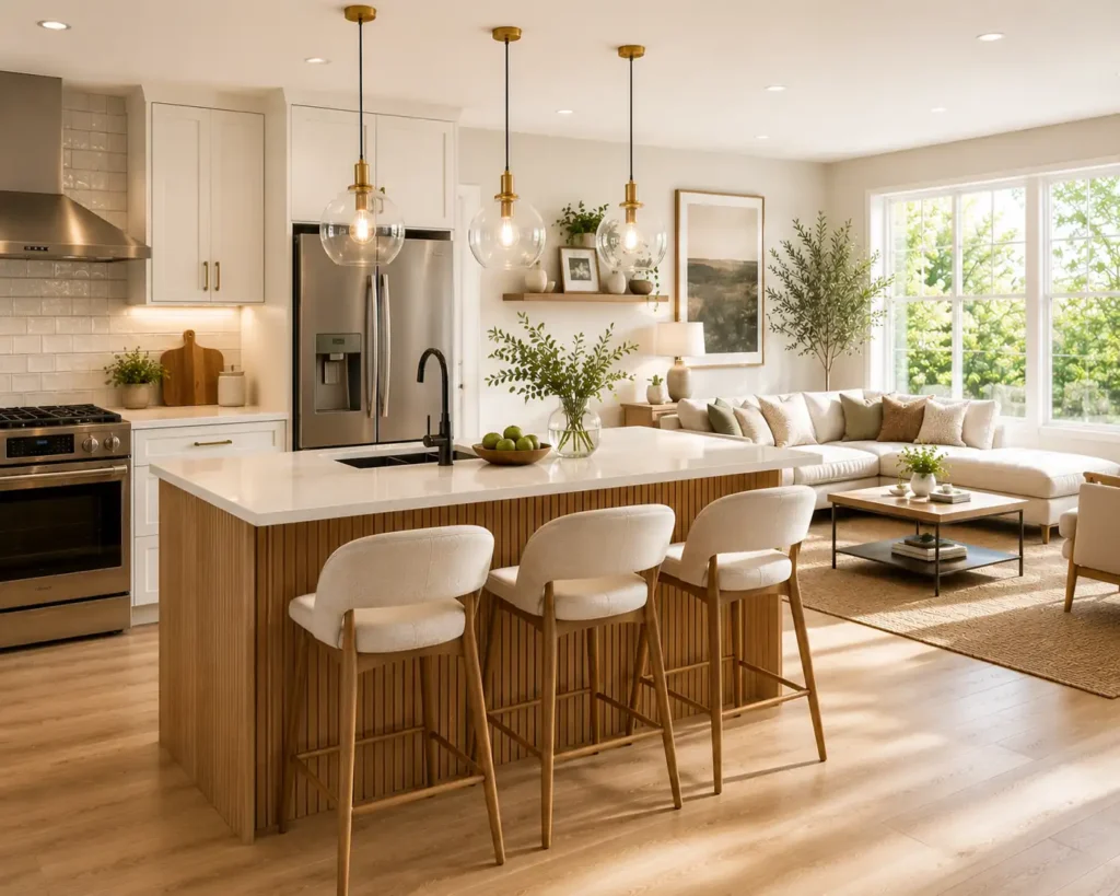 Open-Plan Kitchen Island with Seating for 3 featuring a white quartz countertop, warm wood slat detailing, three upholstered bar stools, and elegant pendant lighting. Positioned between the kitchen and living room, this modern island creates a stylish room divider while maintaining an open, bright, and connected living space.