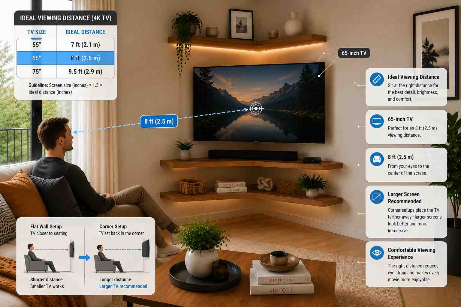 Infographic showing the ideal viewing distance for 55-inch, 65-inch, and 75-inch 4K TVs in a corner TV setup, with an 8-foot (2.5 m) viewing distance example and comparison between flat wall and corner installations.