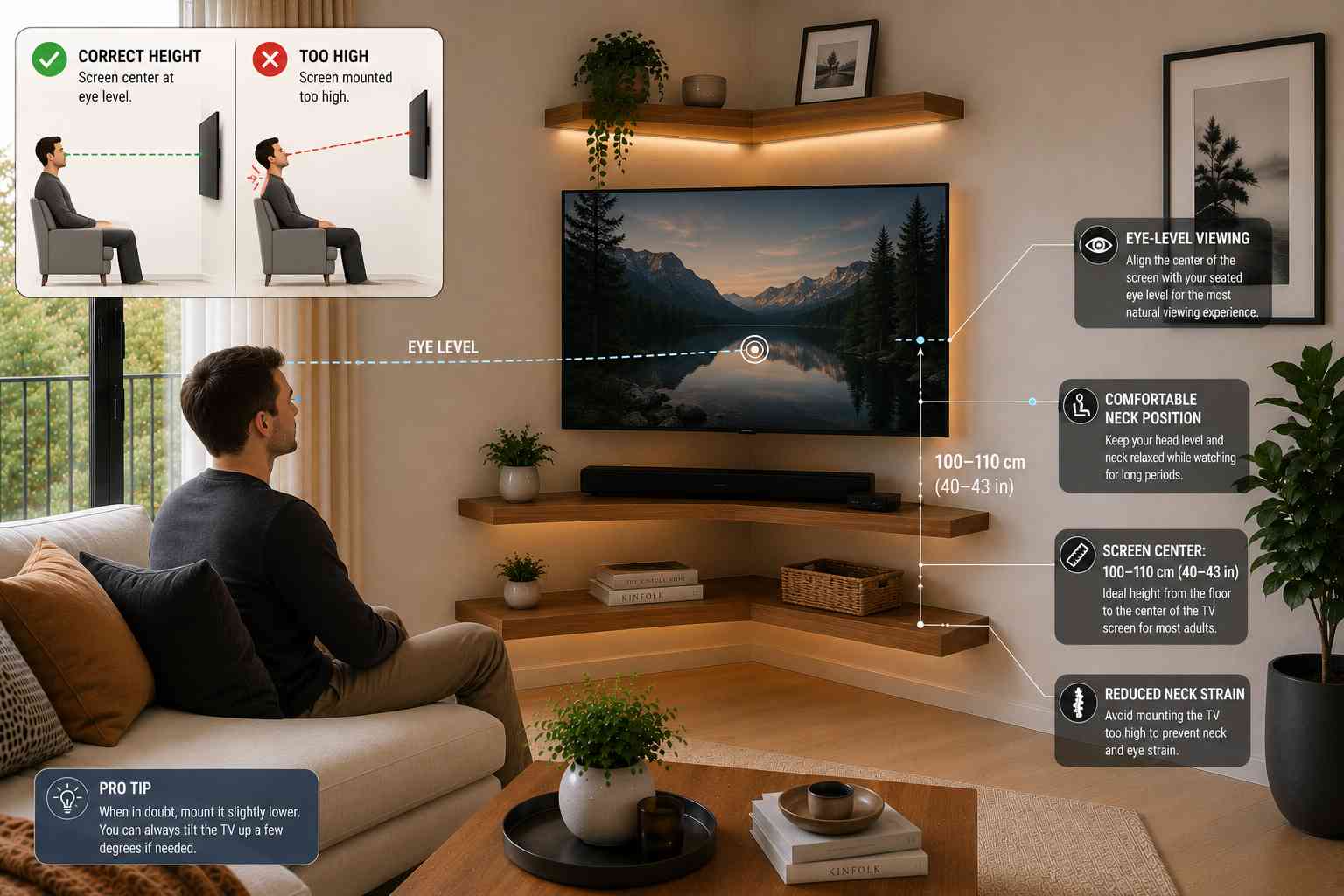 Infographic showing the correct TV viewing height for a corner TV setup, with the screen center aligned to seated eye level (100–110 cm) and a comparison between proper placement and a TV mounted too high.