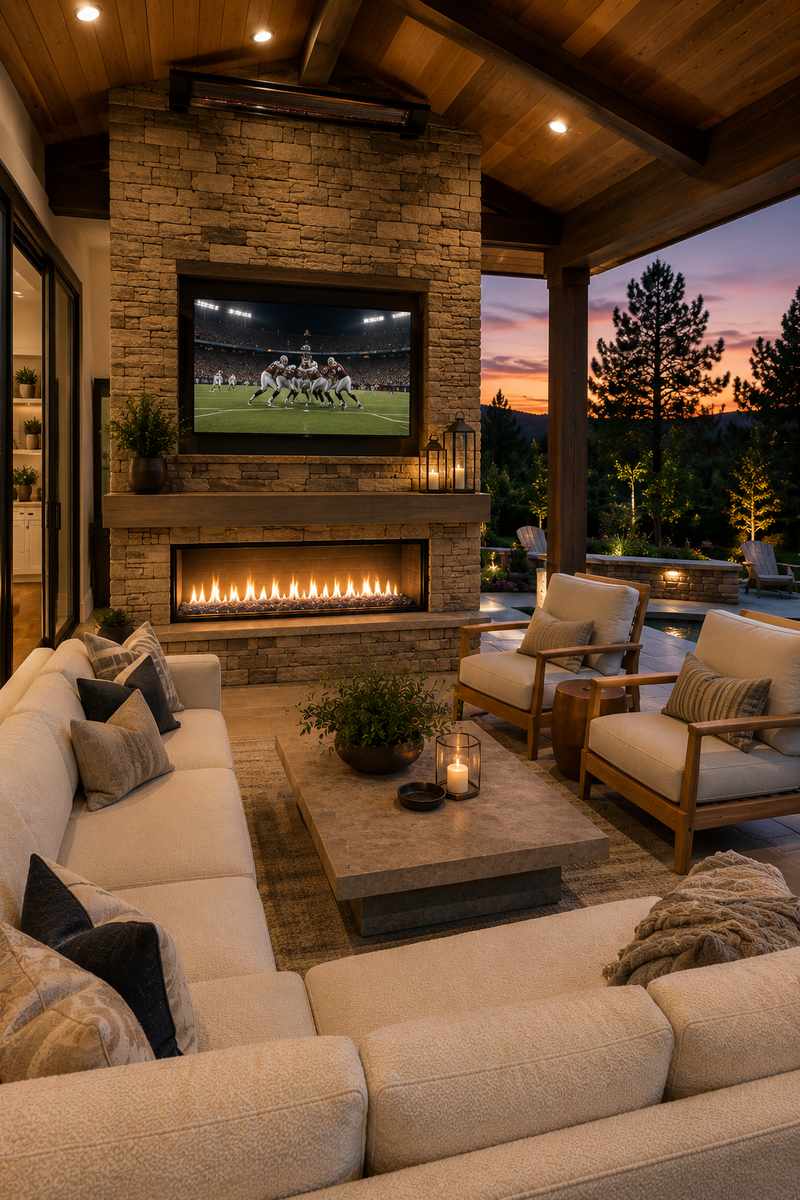 Elegant outdoor living room with a floor-to-ceiling stacked stone fireplace, weatherproof television mounted above, comfortable outdoor seating, cedar ceiling beams, gas fireplace, and warm ambient lighting overlooking a landscaped backyard at sunset.