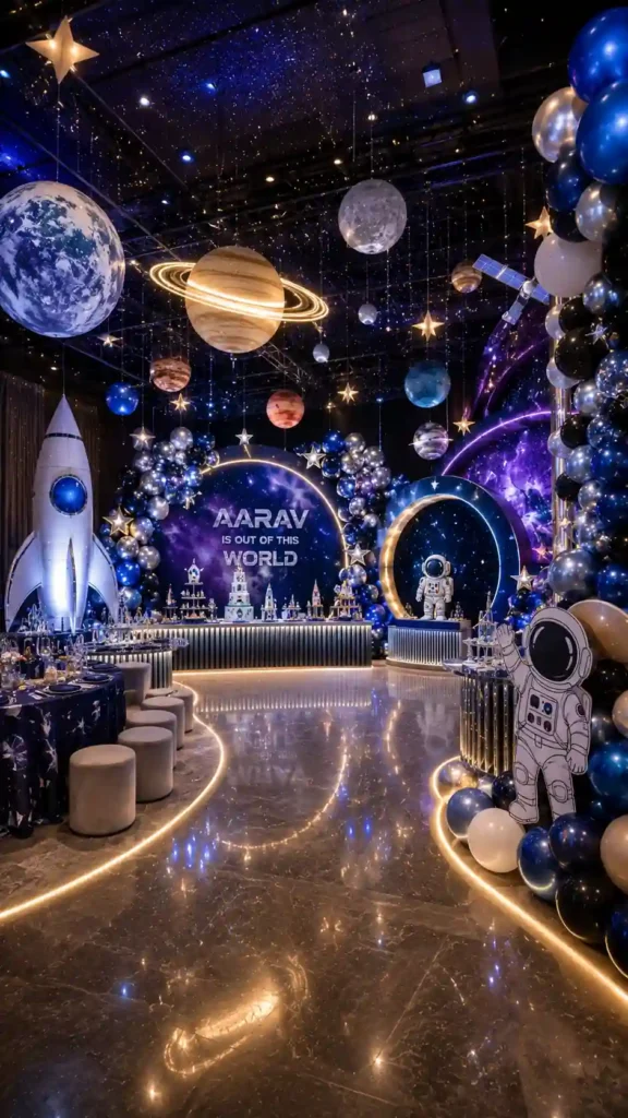 Luxury outer space–themed birthday party venue featuring a galaxy-inspired backdrop, hanging planets, stars, and moons, a large rocket display, astronaut standees, and blue, silver, black, and white balloon installations. The celebration includes illuminated pathways, themed dessert tables, cosmic decorations, and a personalized sign reading 'Aarav Is Out of This World,' creating an immersive space adventure atmosphere.
