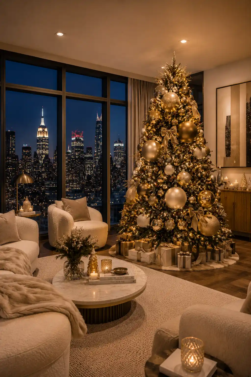 Elegant apartment Christmas tree decorated with oversized gold and champagne ornaments, velvet bows, warm fairy lights, and luxury holiday decor in a modern living room with floor-to-ceiling windows and city skyline views.