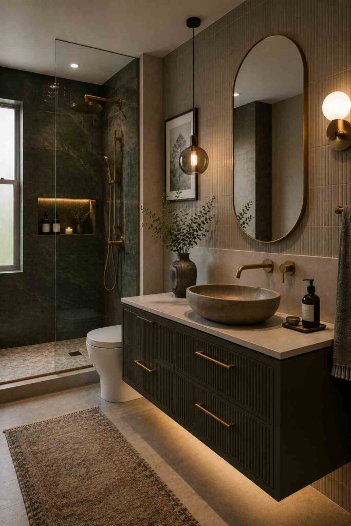 Modern bathroom featuring a floating dark fluted vanity with a white stone countertop and round stone vessel sink, an illuminated arched mirror, brushed brass wall-mounted faucet and shower fixtures, a black pendant light and brass wall sconce, a frameless glass walk-in shower with dark stone-look wall tiles and a recessed illuminated niche, a wall-hung toilet, a patterned runner rug, decorative greenery, and warm under-vanity and ambient lighting.
