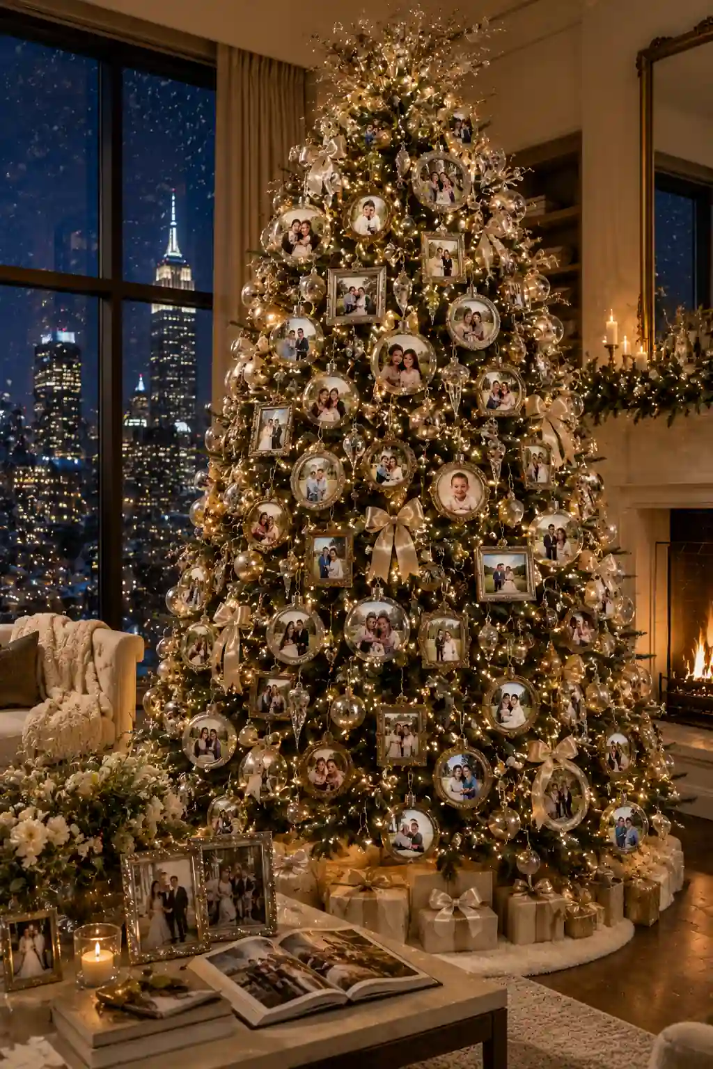 Elegant Christmas tree decorated with family photo ornaments, crystal baubles, champagne ribbons, warm fairy lights, wrapped gifts, and cozy holiday decor in a luxury living room with city skyline views.