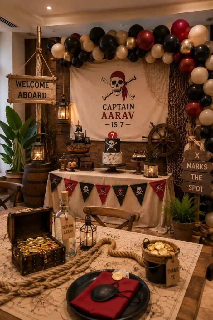 Pirate-themed birthday party setup featuring rustic wooden décor, treasure chests filled with gold coins, rope accents, lanterns, and nautical props. A personalized backdrop reads 'Captain Aarav Is 7' with a pirate skull-and-crossbones emblem, while black, red, gold, and cream balloon garlands frame the dessert table. Pirate ships, a ship’s wheel, vintage maps, and themed table settings create an adventurous high-seas celebration atmosphere