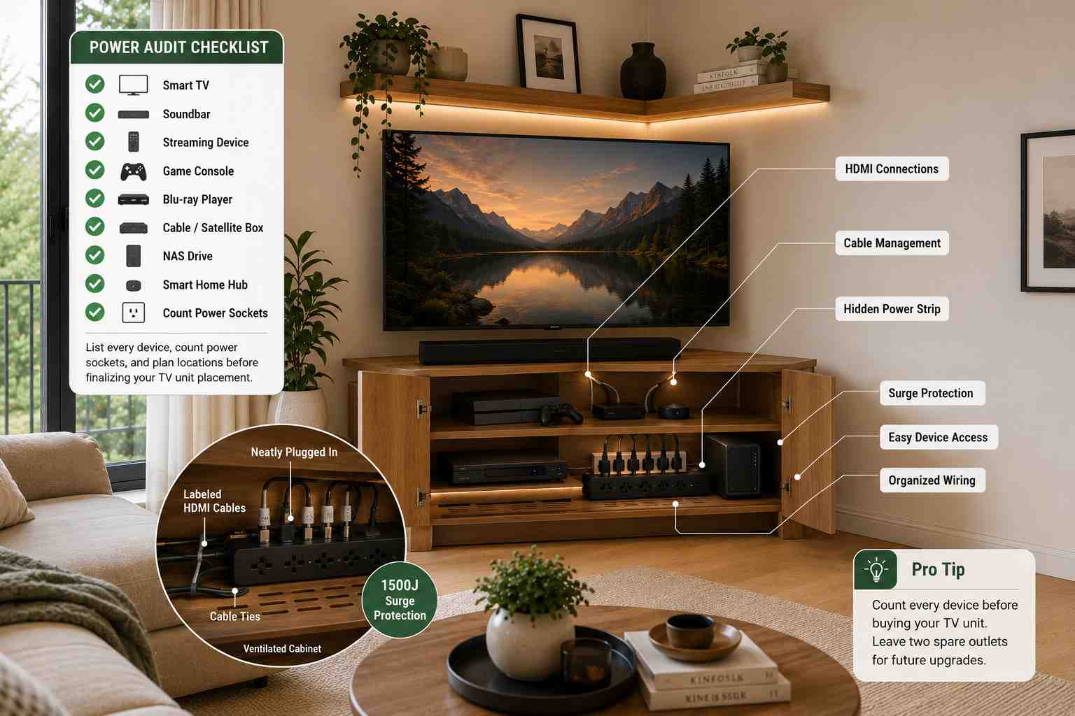 Infographic showing a corner TV unit with a power audit checklist, organized media devices, hidden surge-protected power strip, labeled HDMI connections, and tidy cable management inside the cabinet.