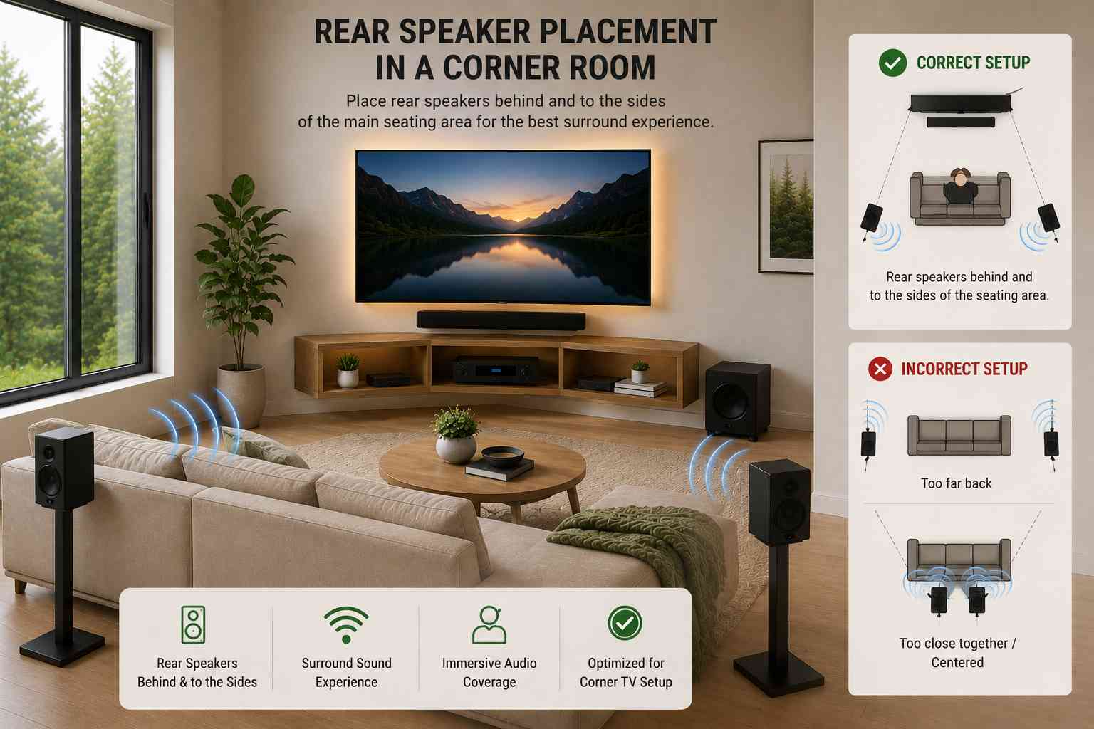 Infographic showing the ideal rear speaker placement in a corner TV room, with surround speakers positioned behind and to the sides of the main seating area for optimal surround sound, alongside simple correct and incorrect placement diagrams.