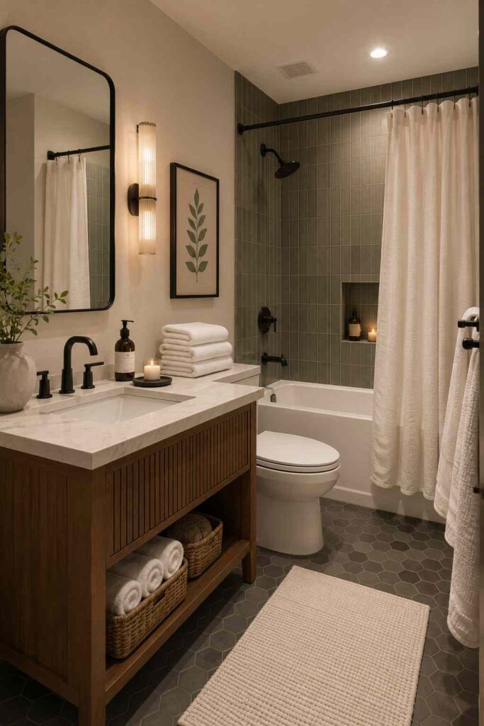 A cozy modern bathroom featuring a warm wood vanity with a white quartz countertop and integrated sink, paired with matte black fixtures and a rounded-rectangle mirror. A ribbed glass wall sconce and botanical artwork add soft decorative touches. The bathtub and shower combination is lined with muted green vertical tiles and finished with a white fabric shower curtain, while dark hexagon floor tiles, woven storage baskets, neatly folded towels, and candle accents create a welcoming spa-inspired atmosphere.