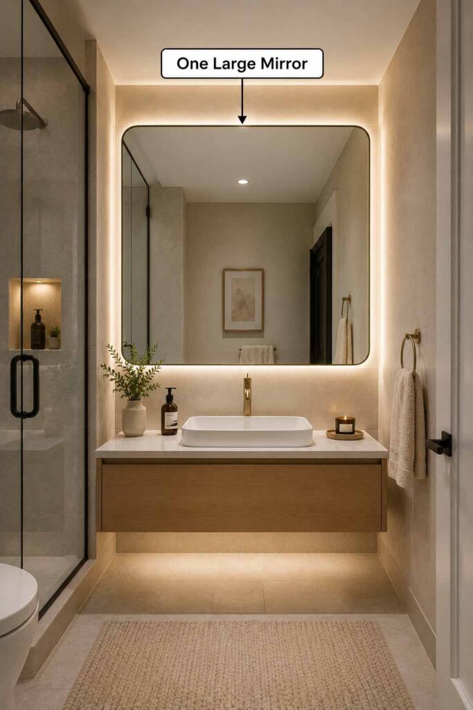 Modern bathroom featuring a floating wood vanity with a white vessel sink, a large backlit mirror, brushed brass faucet and accessories, a frameless glass walk-in shower with a recessed niche, warm under-vanity lighting, neutral stone-look tiles, decorative greenery, candles, and a textured beige bath mat. The image also includes an annotation reading “One Large Mirror” with an arrow pointing to the mirror.
